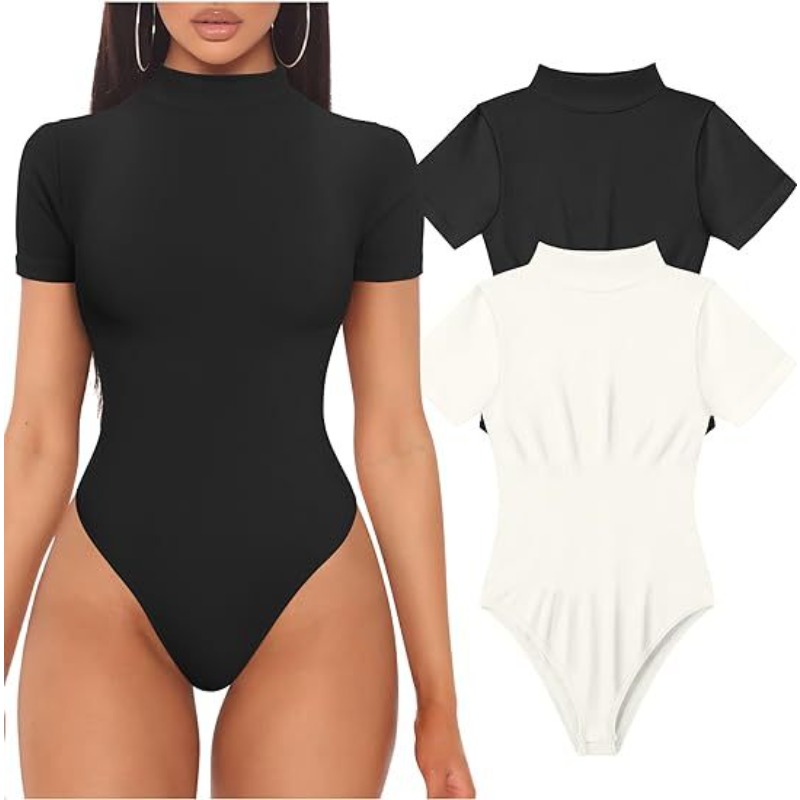 Vintage Fashion Fabrics - Short Sleeve Turtleneck Bodysuit Women Sexy